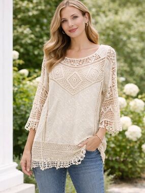 Democracy Cream Crochet Lace Tunic Top